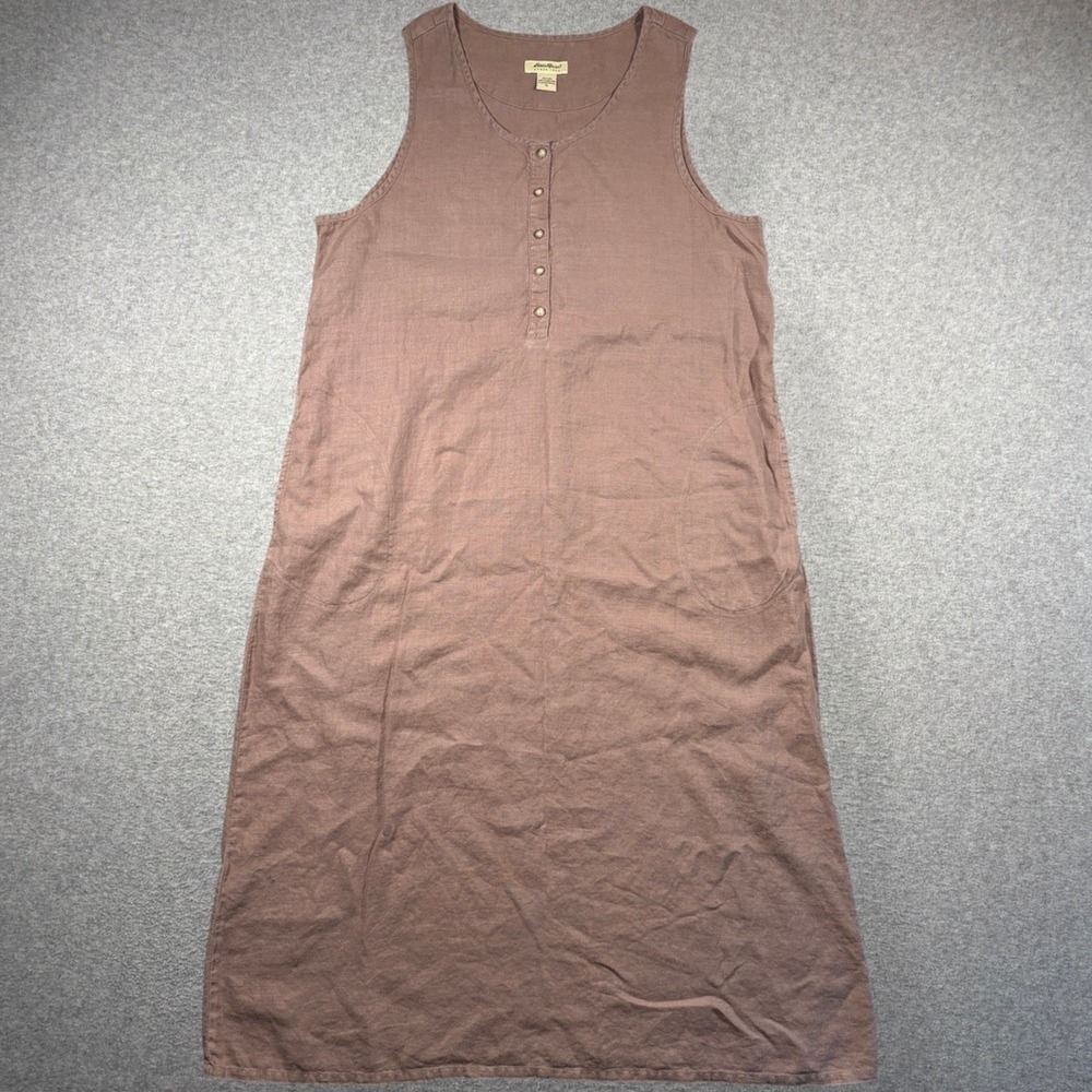 Eddie Bauer Maxi Dress Womens XL Brown 100% Linen Sleeveless Scoop Neck Casual